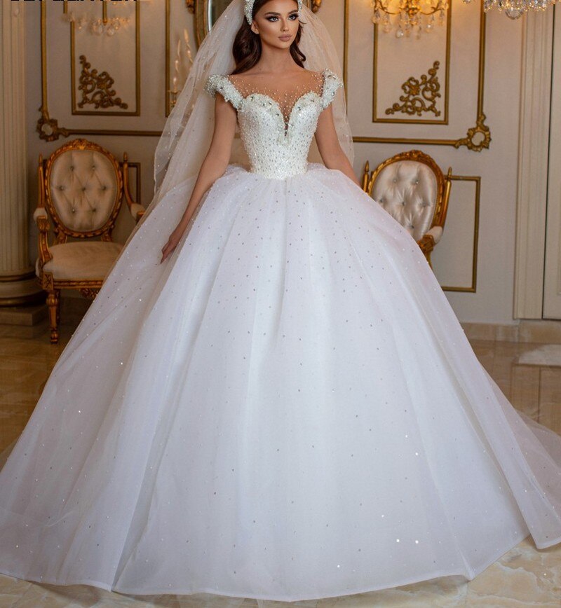 Glamorous Off-the-Shoulder Beaded Princess Wedding Dress with Pearl Tulle