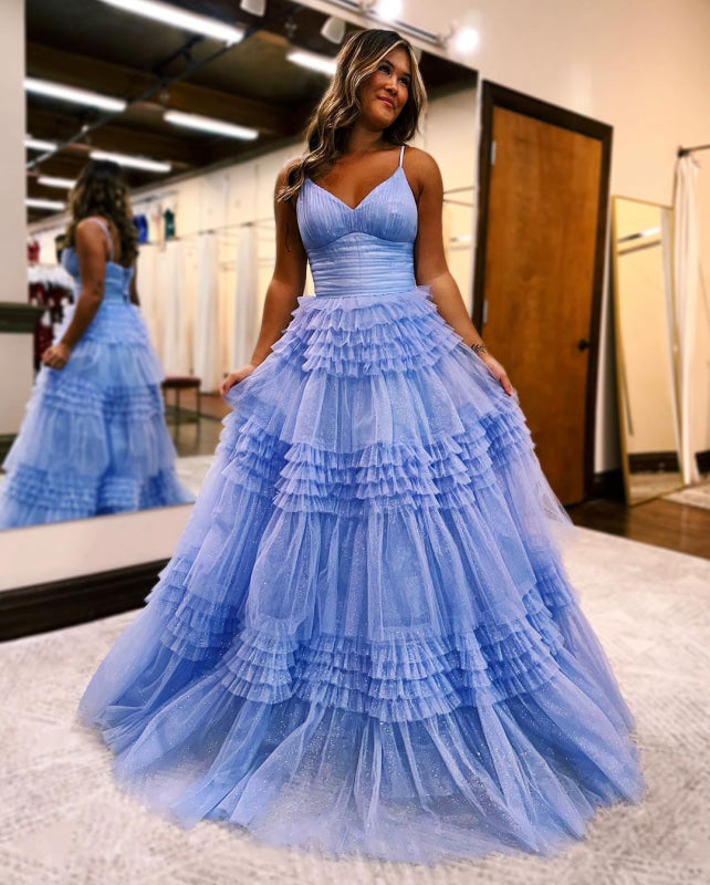 Glamorous Black Tulle Prom Dress V-Neck Sleeveless Aline Evening Dress