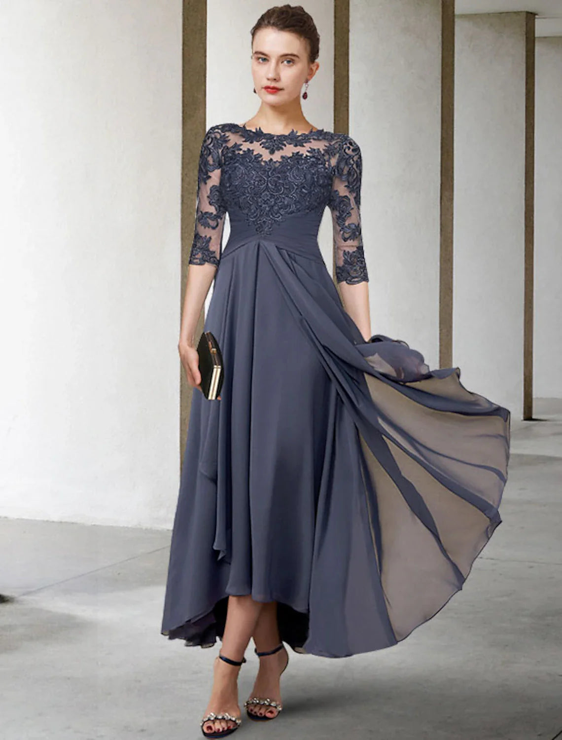 Aimishang A-Line Mother of the Bride Dress Fall Wedding Guest Plus Size Elegant High Low Jewel Neck Asymmetrical Tea Length Chiffon Lace Half Sleeve with Ruched Appliques