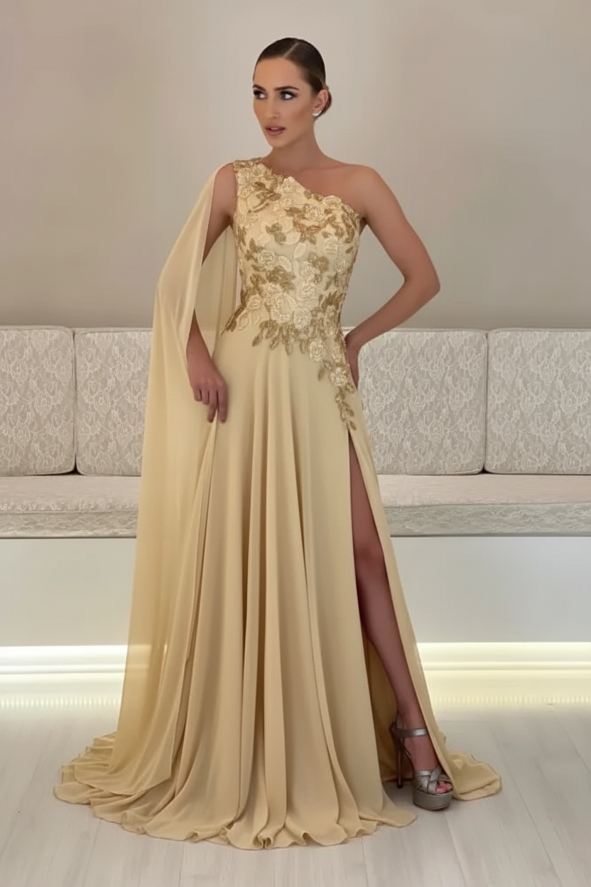 One-Shoulder Sleeveless Chiffon Evening Dresses Long with Side Slit