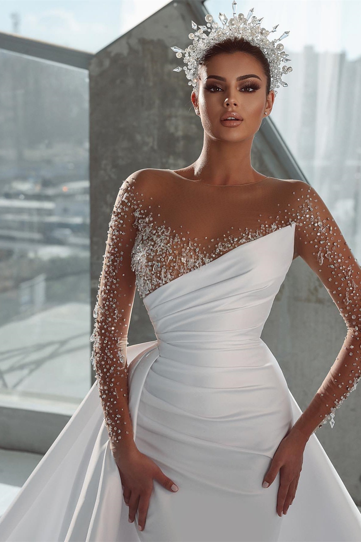 Gorgeous Long Sleeves Mermaid Wedding Dress with Beadings Overskirt
