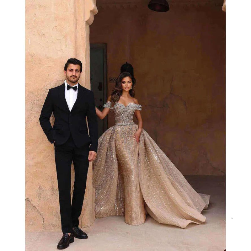 Gorgeous Off-the-Shoulder Crystal Mermaid Wedding Dresses with Sweep Train