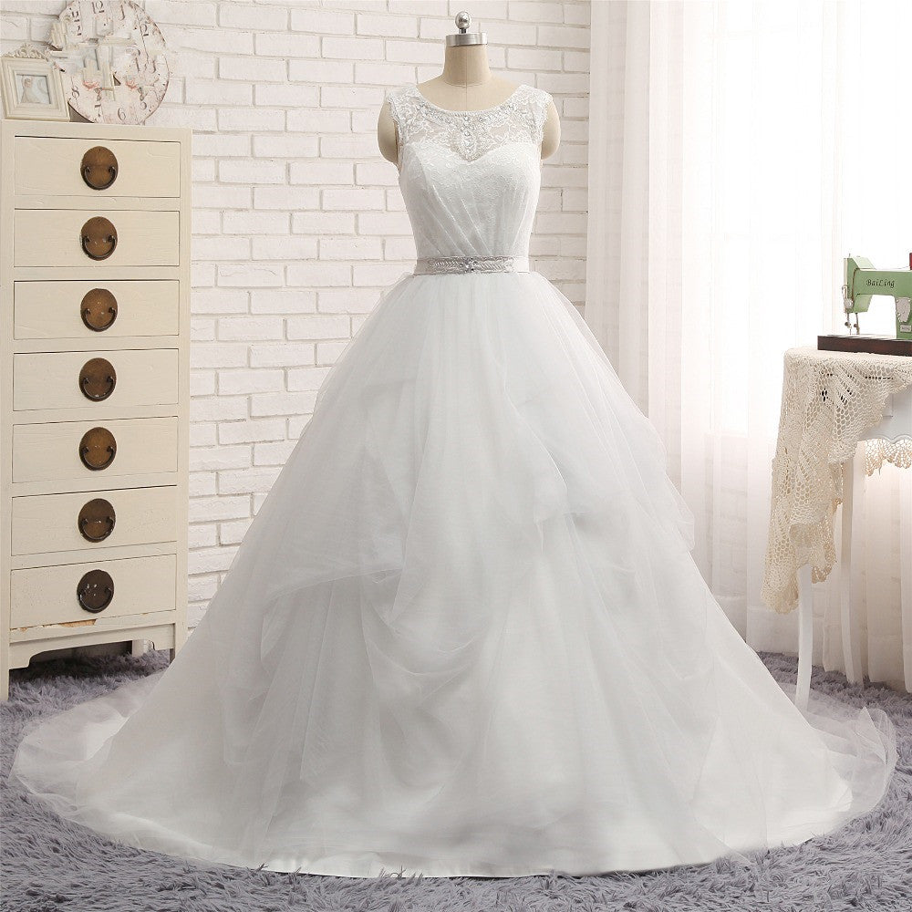Gorgeous Princess Jewel Long Wedding Dress With Tulle Lace
