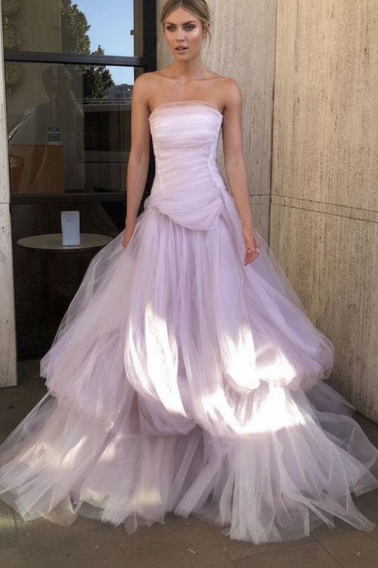 Gorgeous Strapless Layered Light Pink Tulle Long Prom Dresses Light Pink Tulle Formal Graduation Evening Dresses