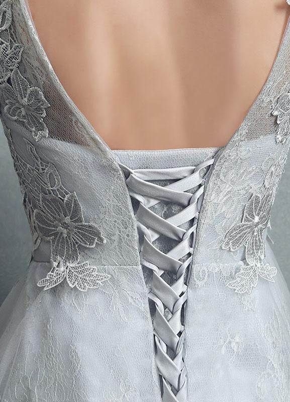 Grey Lace Applique Maxi Bridal Gown Backless Half Sleeve Floor Length Bridal Dress