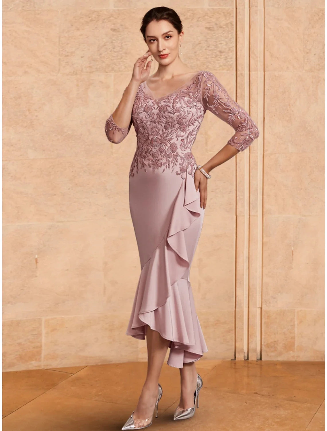 Aimishang A-Line Mother of the Bride Dress Wedding Guest Elegant V Neck Ankle Length Stretch Fabric 3/4 Length Sleeve with Lace Ruching Solid Color