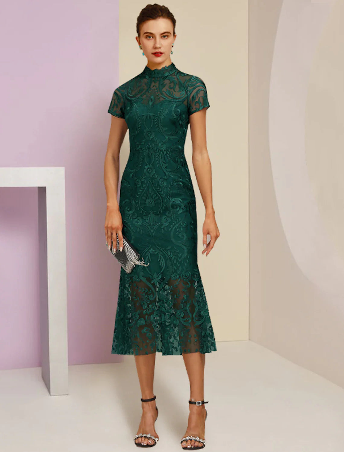 Aimishang Sheath / Column Mother of the Bride Dress Wedding Guest Elegant High Neck Tea Length Lace Short Sleeve with Appliques