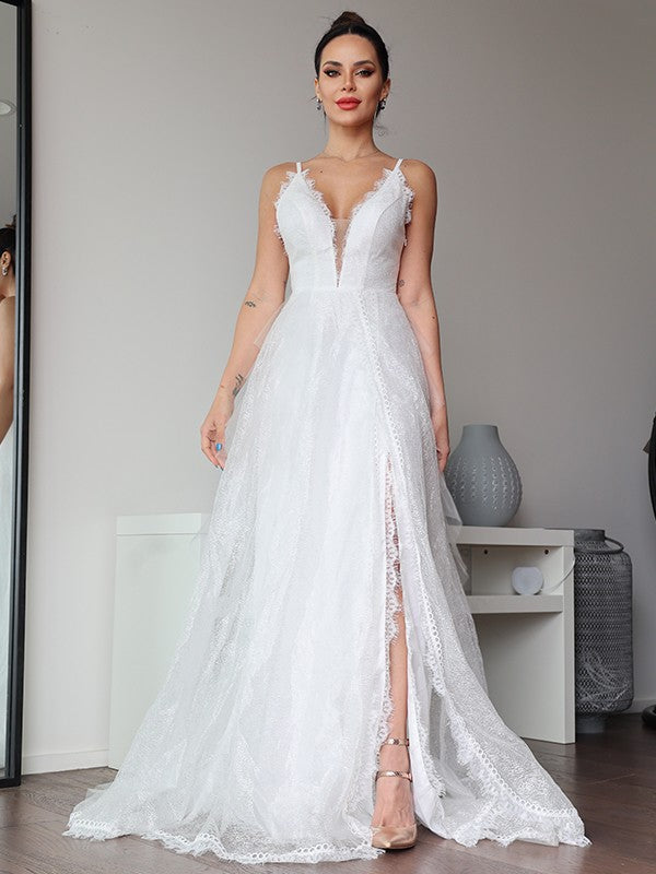 Aimishang A-Line/Princess Lace Ruffles V-neck Sleeveless Sweep/Brush Train Wedding Dresses