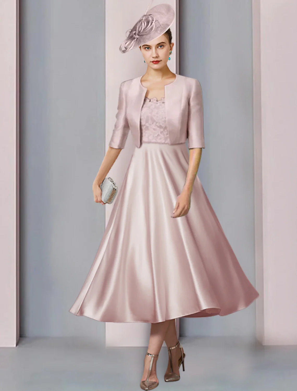 Aimishang Two Piece A-Line Mother of the Bride Dress Wedding Guest Church Party Elegant Scoop Neck Tea Length Satin Lace Half Sleeve with Pleats