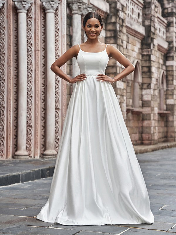 Aimishang A-Line/Princess Satin Spaghetti Straps Ruffles Sleeveless Sweep/Brush Train Wedding Dresses