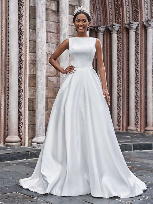 Aimishang A-Line/Princess Satin Bateau Ruffles Sleeveless Sweep/Brush Train Wedding Dresses