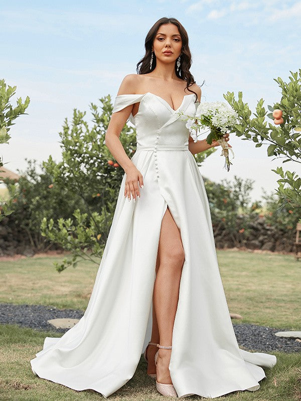 Aimishang A-Line/Princess Satin Ruched Off-the-Shoulder Sleeveless Sweep/Brush Train Wedding Dresses