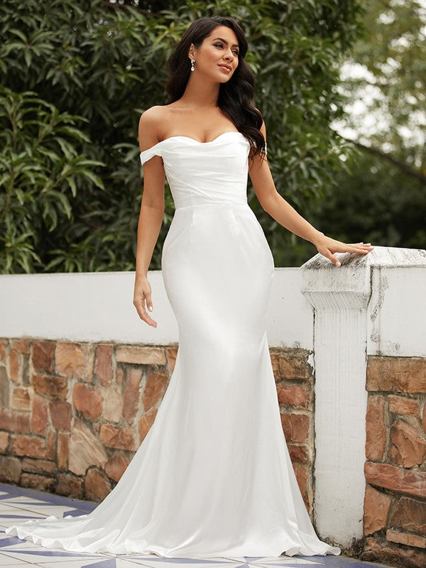 Aimishang Sheath/Column Woven Satin Ruched Off-the-Shoulder Sleeveless Sweep/Brush Train Wedding Dresses