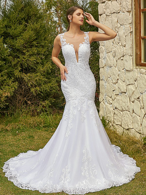 Aimishang Trumpet/Mermaid Tulle Lace Scoop Sleeveless Court Train Wedding Dresses