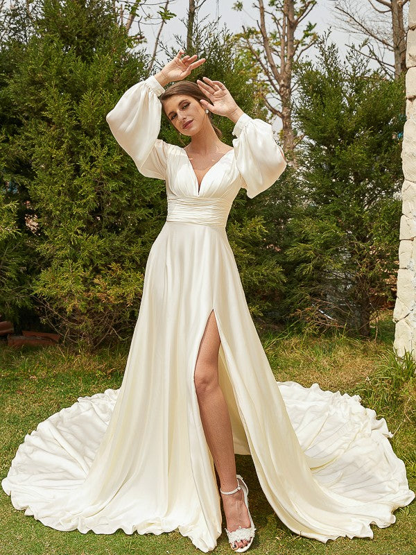 Aimishang A-Line/Princess Satin Chiffon Ruched V-neck Long Sleeves Cathedral Train Wedding Dresses