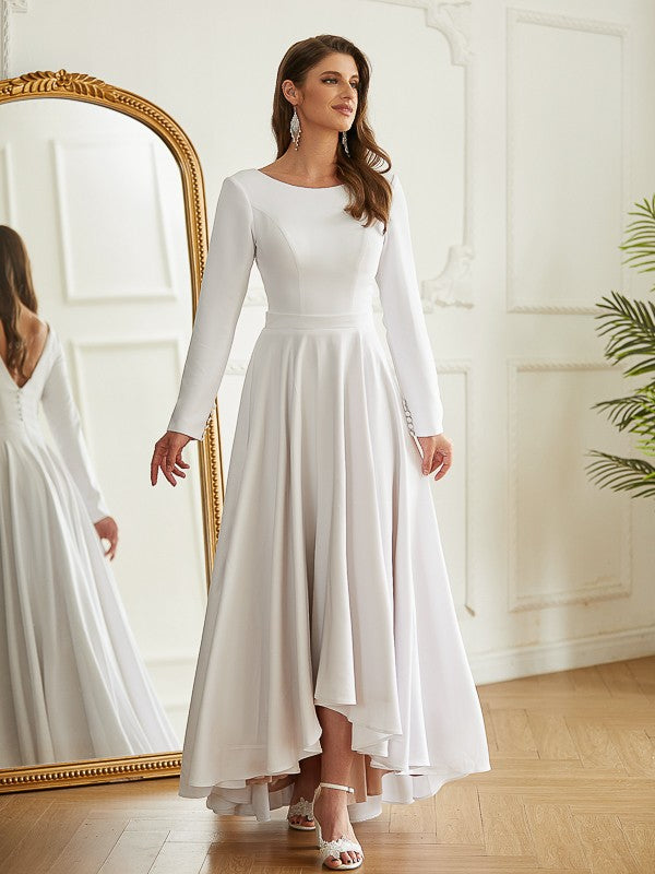 Aimishang A-Line/Princess Stretch Crepe Ruffles Scoop Long Sleeves Asymmetrical Wedding Dresses