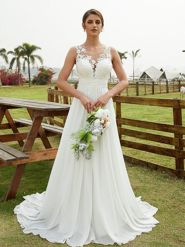 Aimishang A-Line/Princess Chiffon Lace Scoop Sleeveless Sweep/Brush Train Wedding Dresses