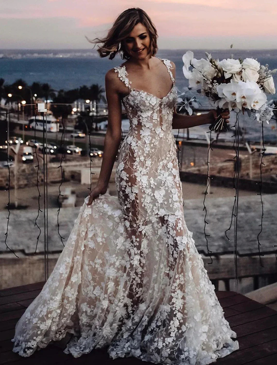 Aimishang Beach Sexy Boho Wedding Dresses Mermaid / Trumpet Sweetheart Regular Straps Court Train Lace Bridal Gowns With Appliques Summer Fall Wedding Party