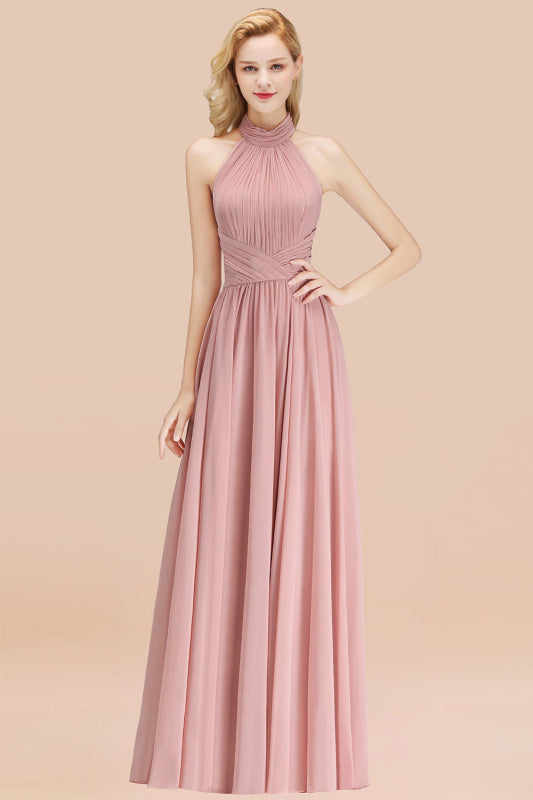 High Neck Pleated Chiffon Dusty Pink Bridesmaid Dress