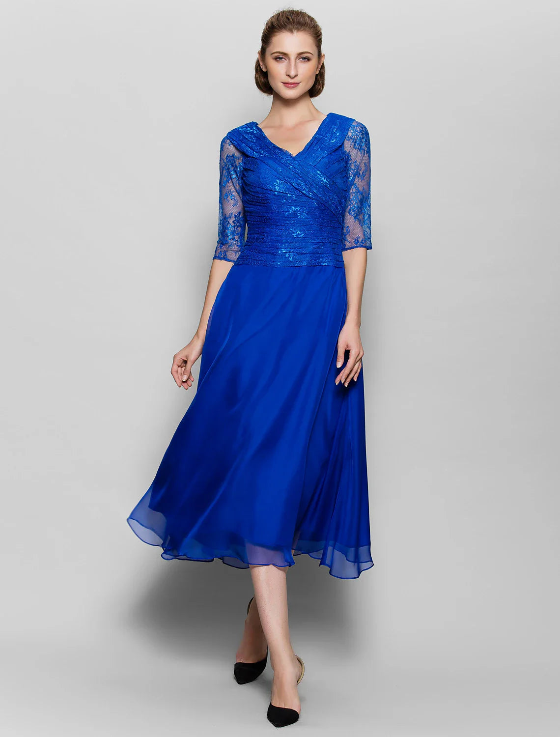 Aimishang A-Line Mother of the Bride Dress Plus Size Elegant V Neck Tea Length Chiffon Lace Half Sleeve No with Lace Criss Cross Ruched