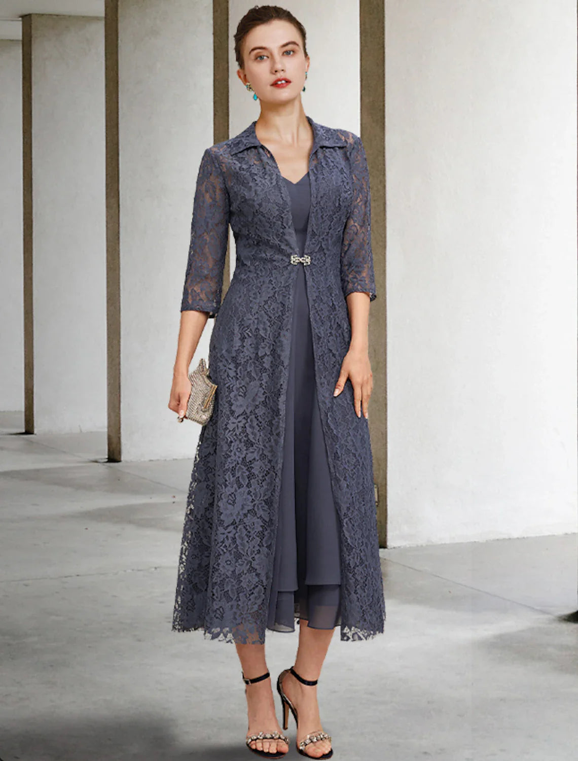 Aimishang A-Line Mother of the Bride Dress Elegant V Neck Tea Length Chiffon Lace Sleeveless Jacket Dresses with Tier Solid Color