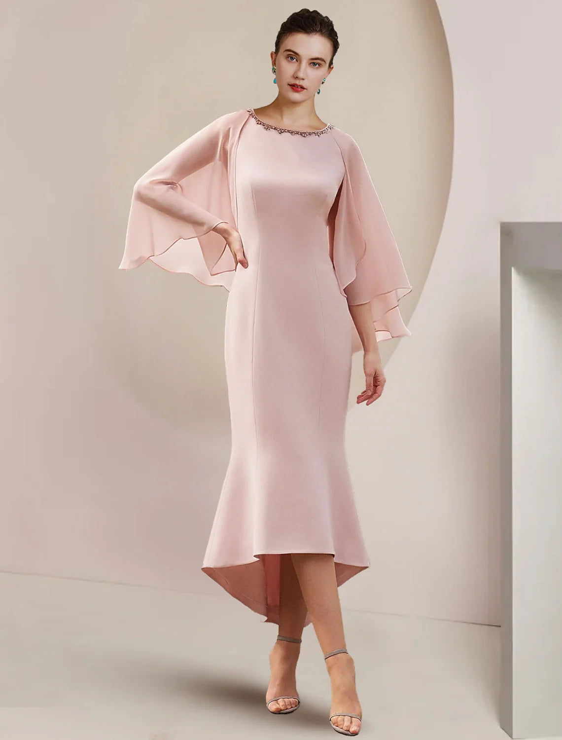 Aimishang Mermaid / Trumpet Mother of the Bride Dress Formal Wedding Guest Party Vintage Elegant Scoop Neck Asymmetrical Tea Length Chiffon Sleeveless with Beading