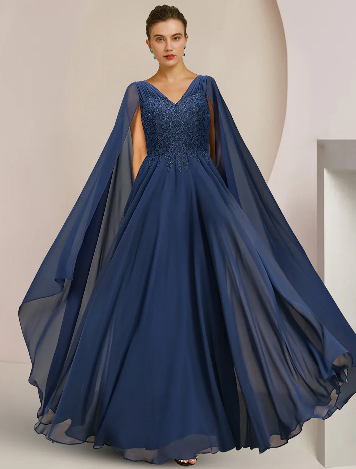 Aimishang A-Line Mother of the Bride Dress Formal Wedding Guest Elegant V Neck Floor Length Chiffon Lace Sleeveless with Pleats Appliques
