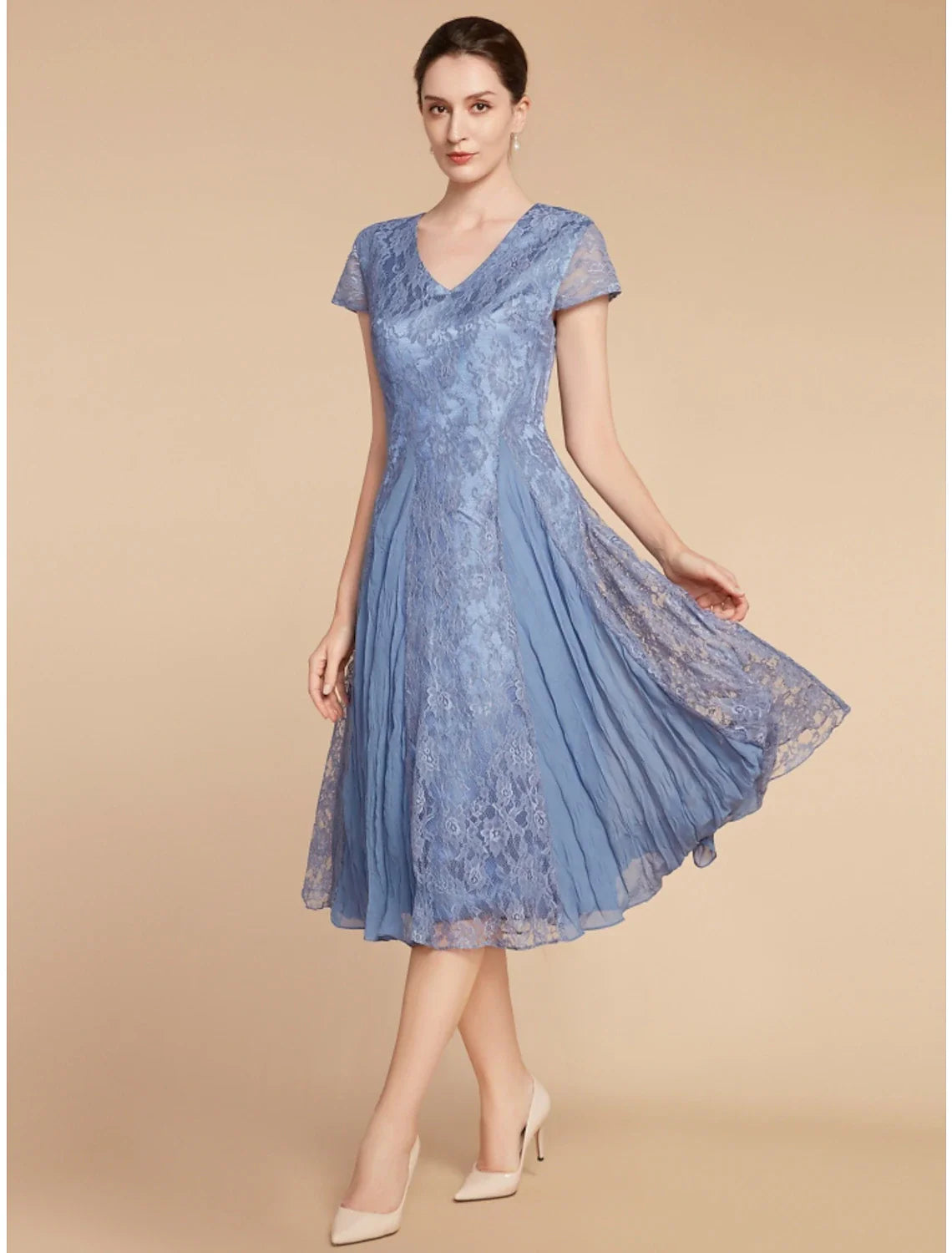 Aimishang A-Line Mother of the Bride Dress Wedding Guest Elegant Petite V Neck Knee Length Chiffon Lace Short Sleeve with Ruching Solid Color