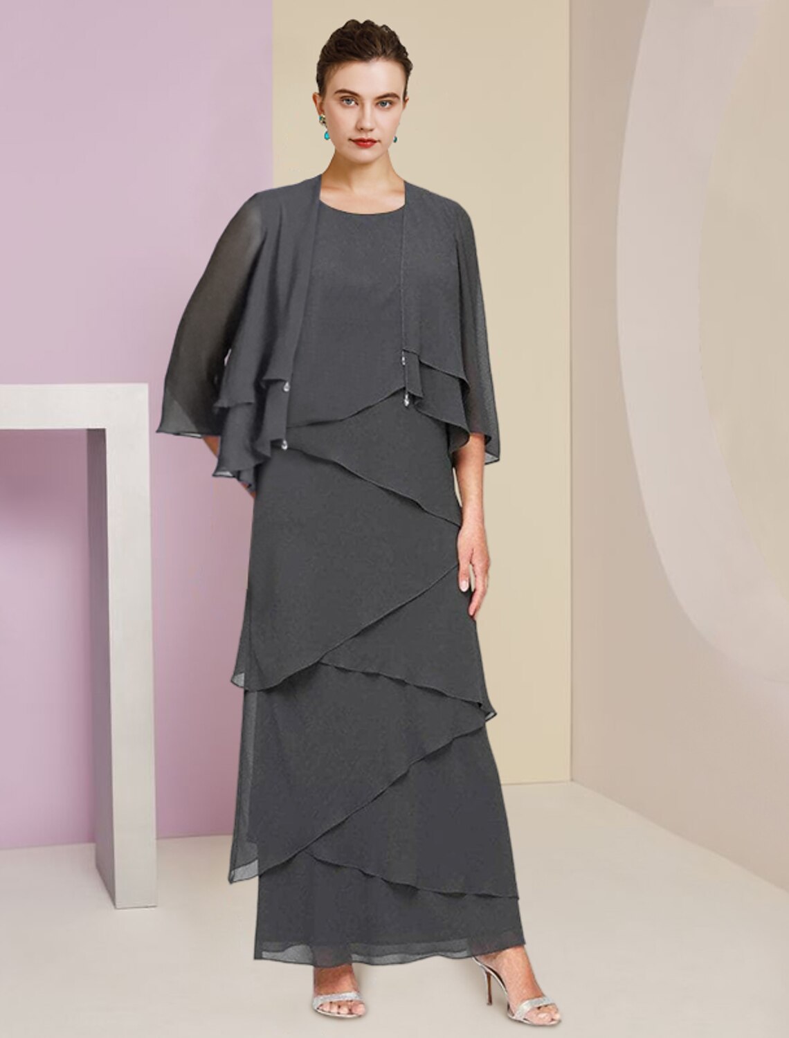 Aimishang Sheath / Column Mother of the Bride Dress Formal Wedding Guest Elegant Scoop Neck Ankle Length Chiffon Sleeveless Wrap Included with Cascading Ruffles