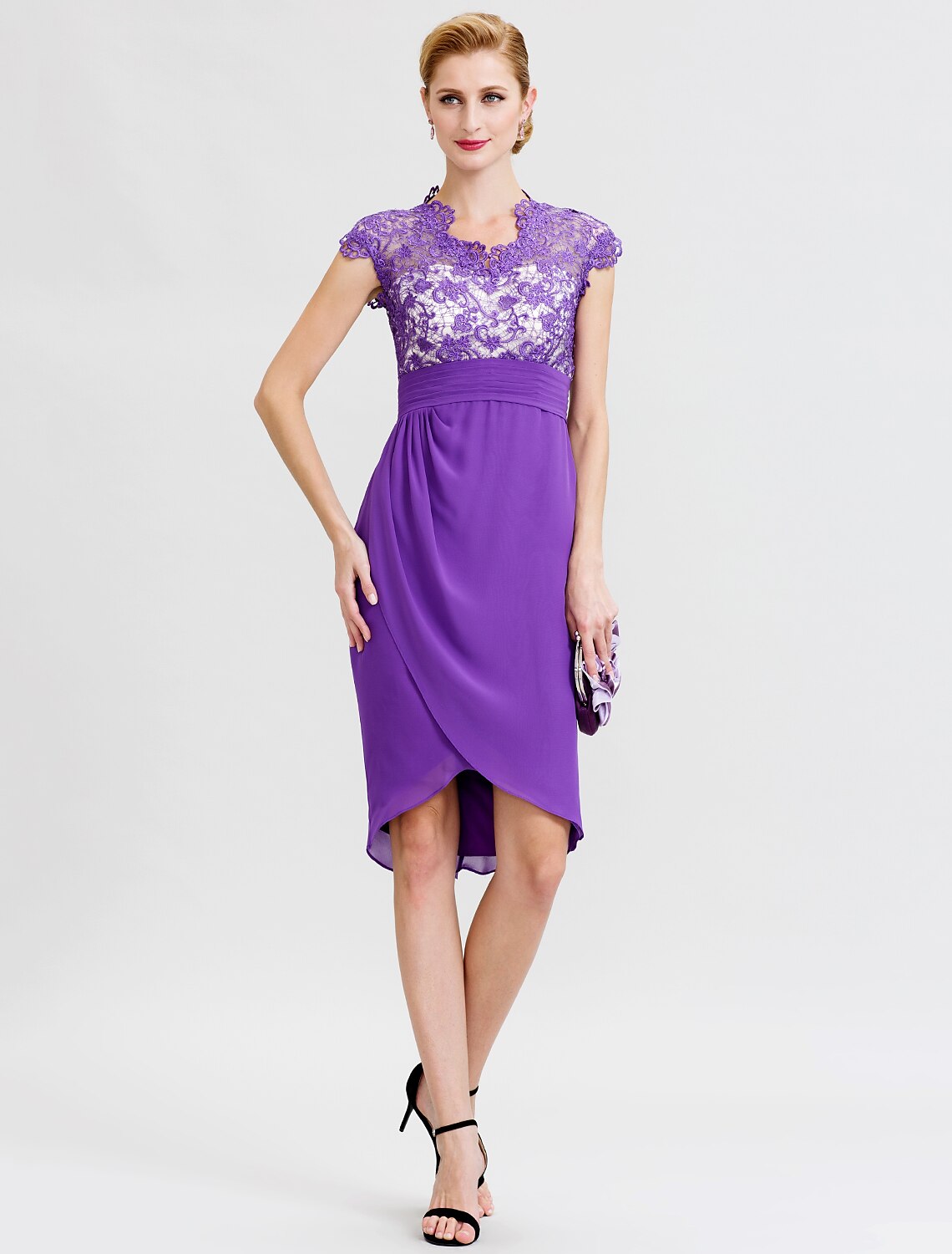 Aimishang Sheath / Column V Neck Asymmetrical Chiffon / Lace Mother of the Bride Dress with Sash / Ribbon / Pleats / Beautiful Back / See Through