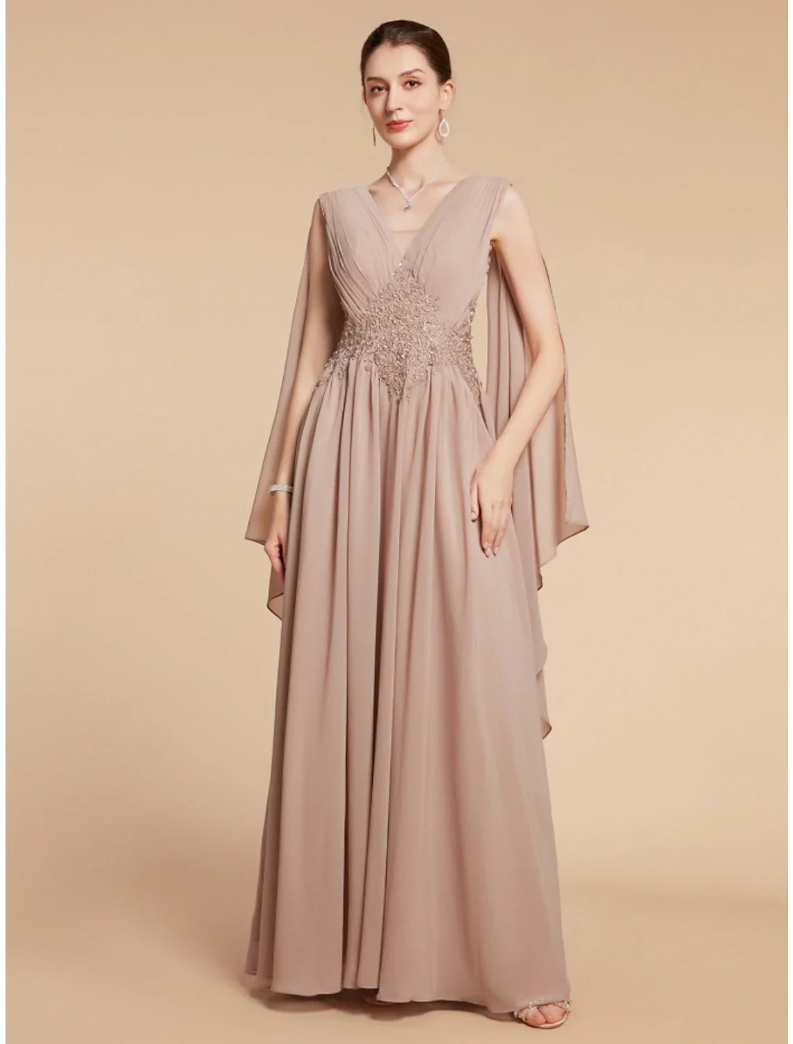 Aimishang A-Line Mother of the Bride Dress Wedding Guest Elegant V Neck Ankle Length Chiffon Lace Sleeveless with Ruching Solid Color
