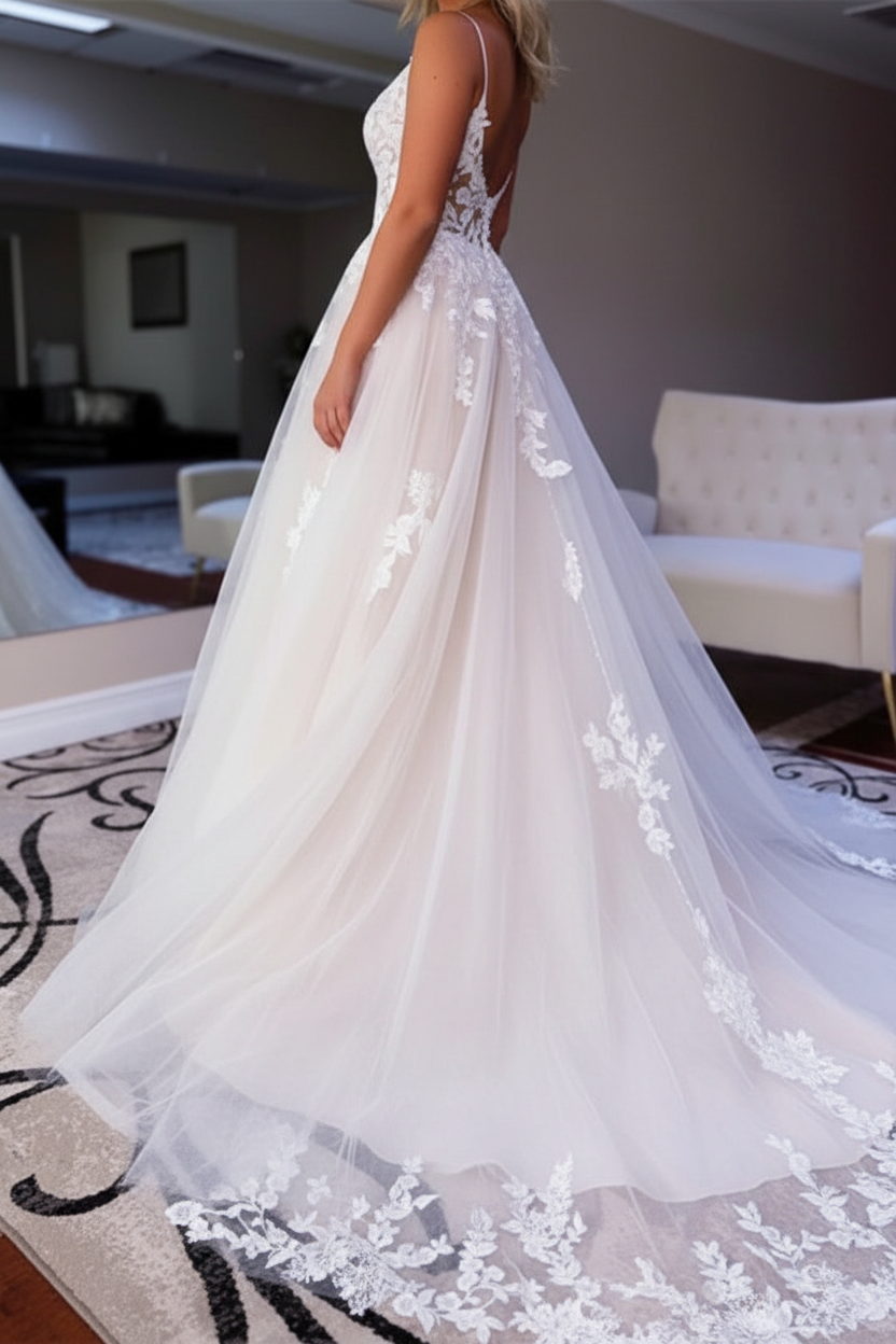V Neck Backless Ivory Lace Wedding Dresses Tulle Aline Wedding Dress