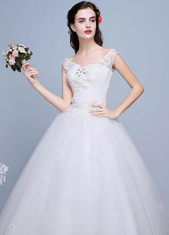 Ivory Wedding Dress Lace Sleeveless V Neck Rhinestones Beaded A-Line Floor Length Bridal Gown