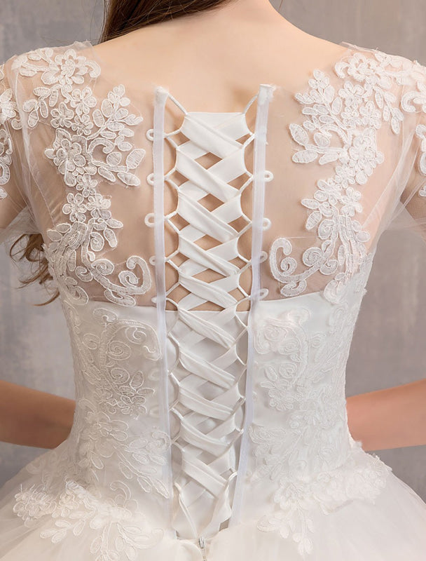 Ivory Wedding Dresses Tulle Illusion Half Sleeve Floor Length Princess Bridal Gown