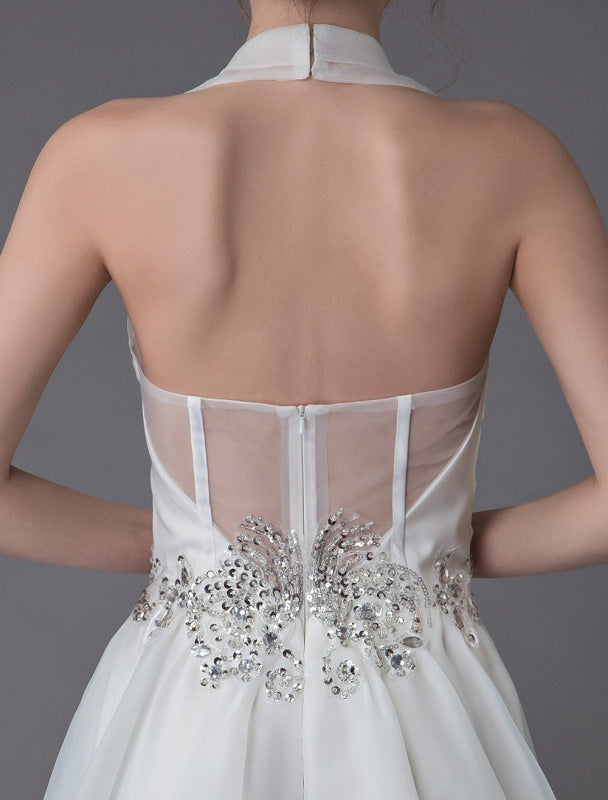 Ivory Wedding Jumpsuits Halter V Neck Rhinestones Backless Bridal Dress