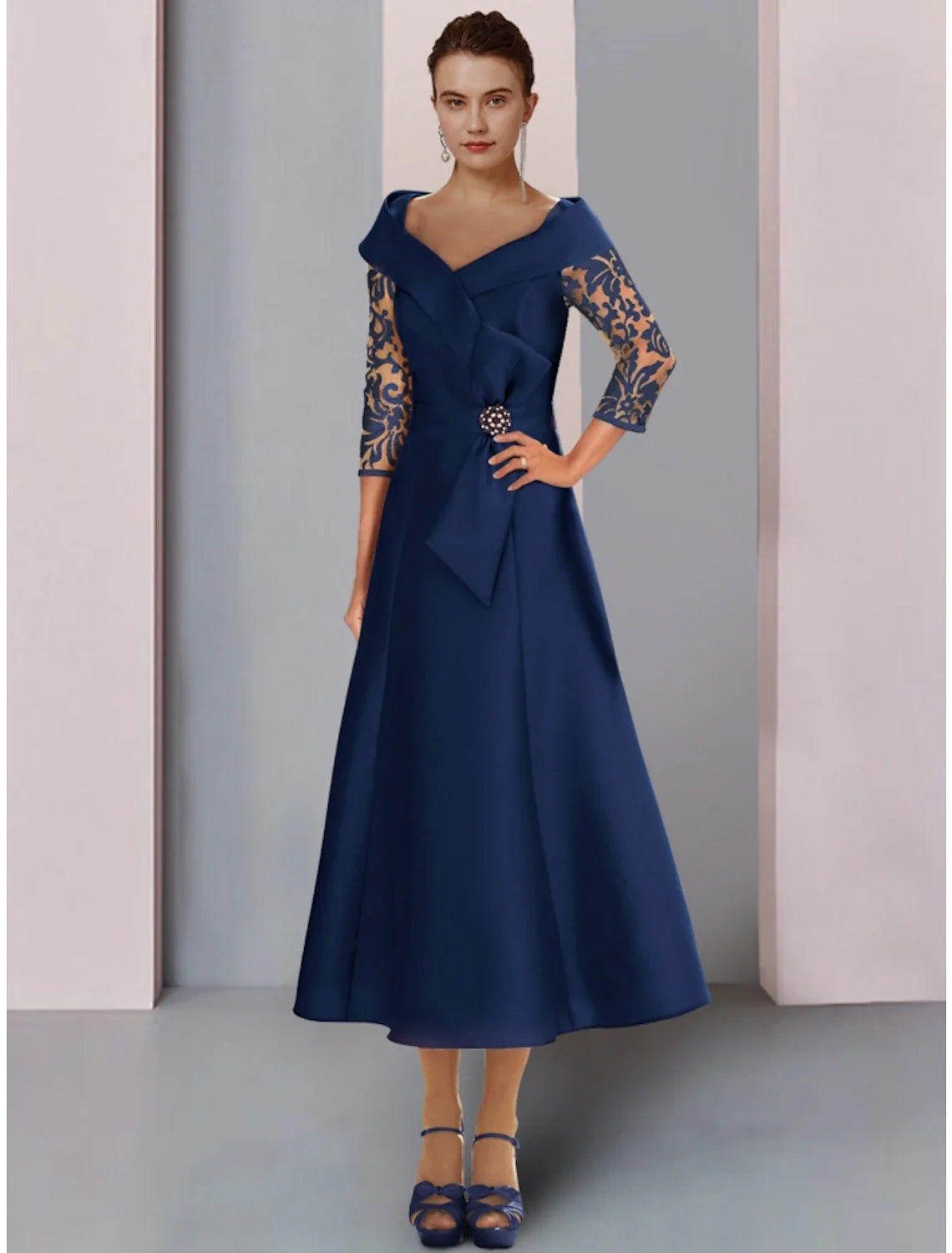 Aimishang A-Line Mother of the Bride Dress Wedding Guest Elegant Petite V Neck Tea Length Satin Lace 3/4 Length Sleeve with Bow(s) Crystal Brooch Ruching