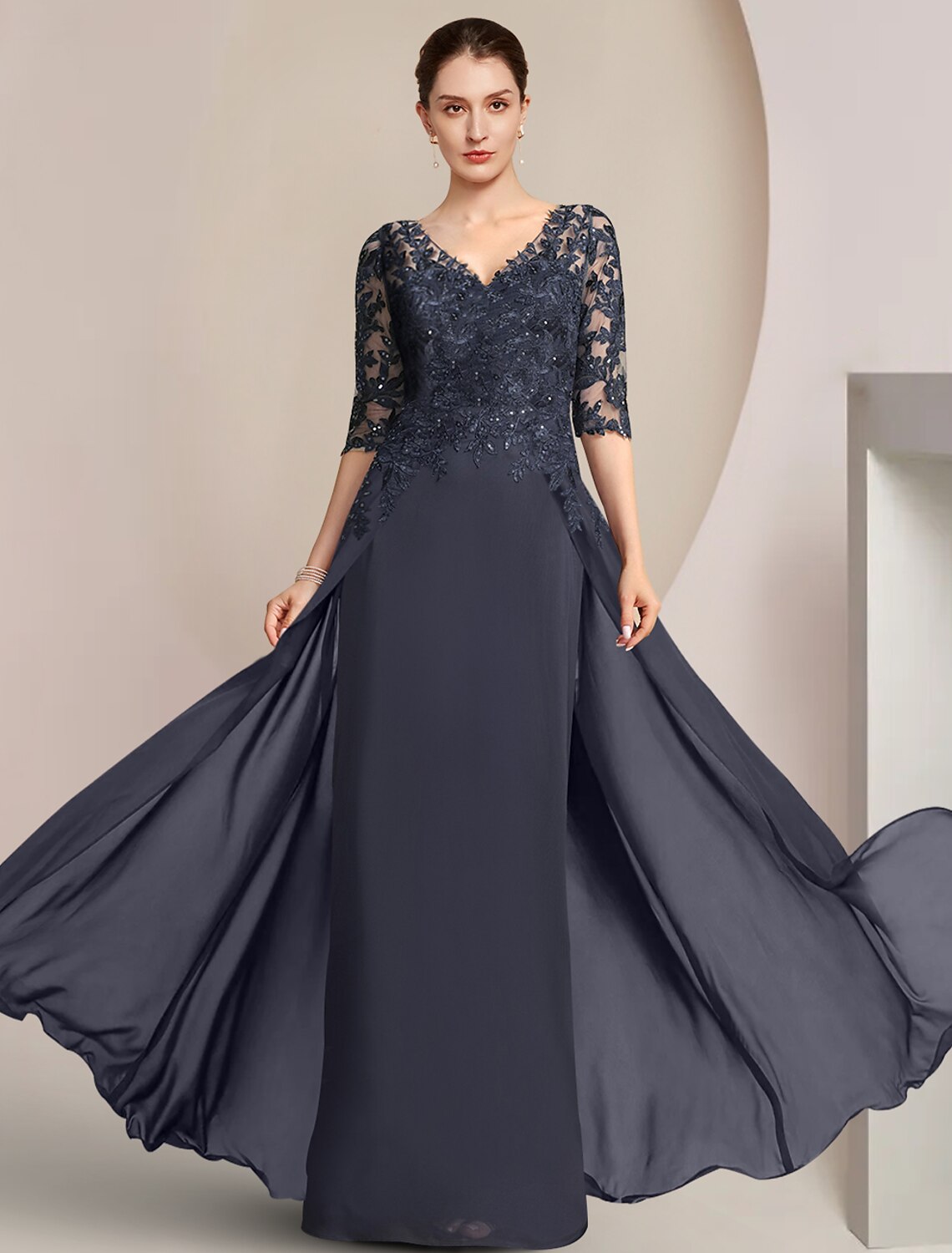 Aimishang Sheath / Column Mother of the Bride Dress Formal Wedding Guest Elegant V Neck Floor Length Chiffon Lace Half Sleeve with Sequin Appliques