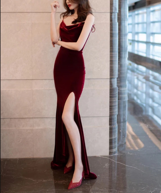 Burgundy Velvet Floor Length Mermaid Prom Dress Bridesmaid Dresses Evening Dress Party Dress With Slit