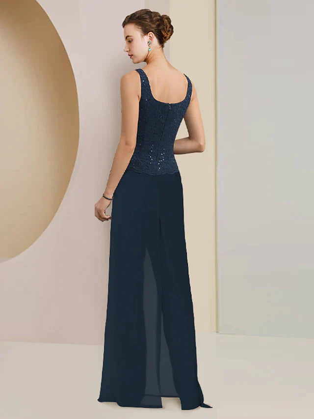 Jumpsuit / Pantsuit 3 Piece Mother of the Bride Dress Formal Wedding Guest Plus Size Elegant Scoop Neck Floor Length Chiffon Lace Sleeveless Wrap Included with Sequin