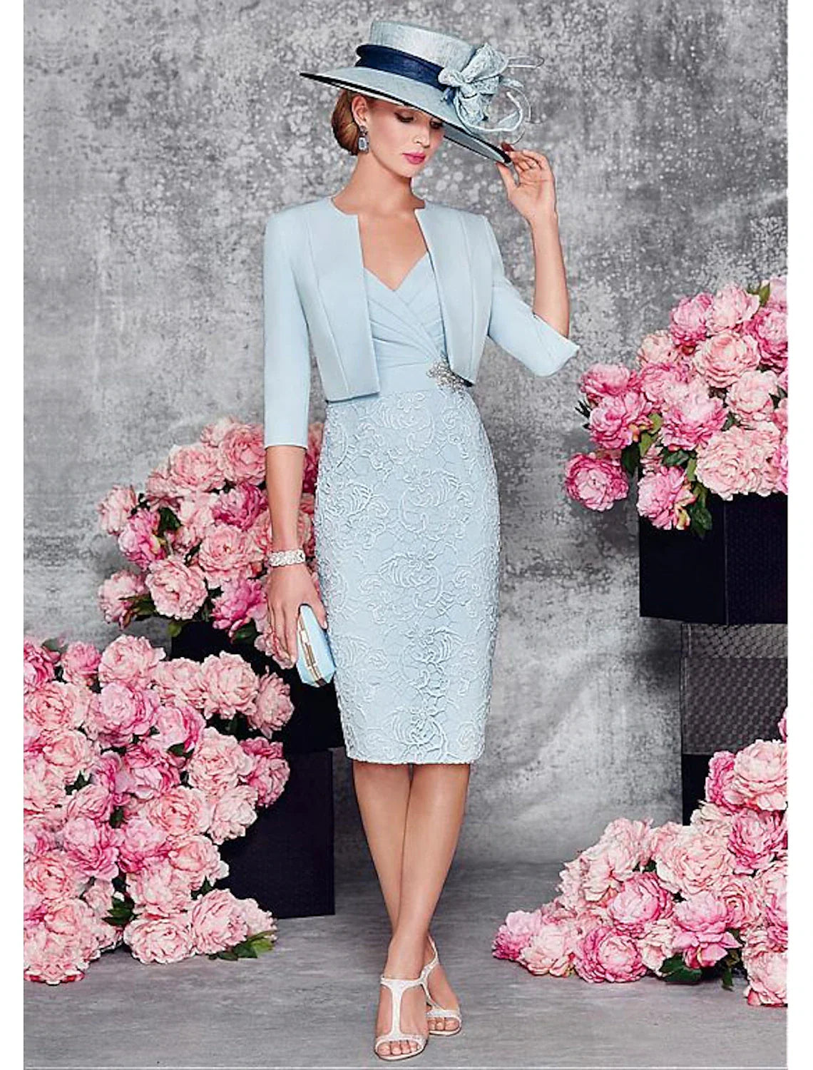 Aimishang Two Piece Sheath / Column Mother of the Bride Dress Wedding Guest Church Plunging Neck Knee Length Satin Lace Half Sleeve Short Jacket Dresses with Lace Split Front Crystal Brooch