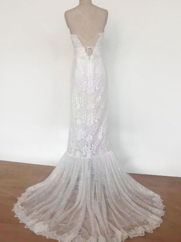 Lace A Line Boho Wedding Dress Halter Sleeveless Bridal Gown With Train