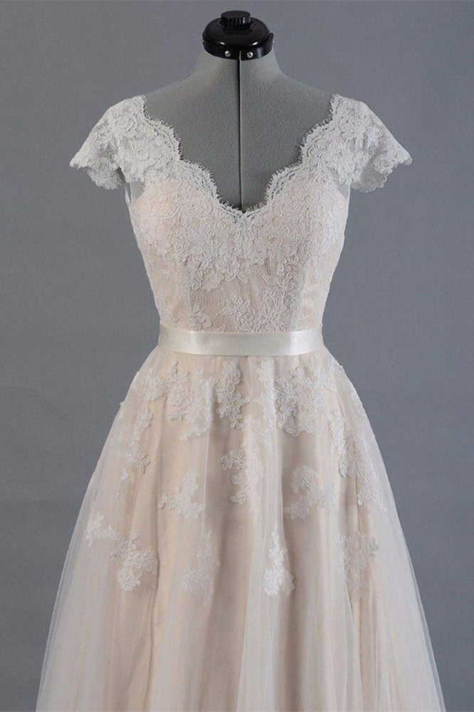 Lace Long Wedding Dress with Short Sleeves