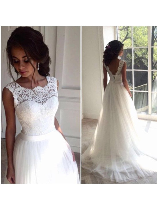 Lace O-Neck Lace Tulle Boho Wedding Dresses