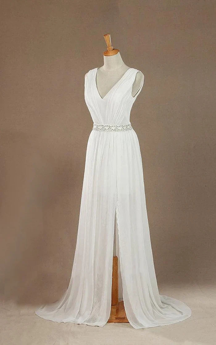 V-Neck Chiffon Beading High Slit Weddig Dress with Low-V Back