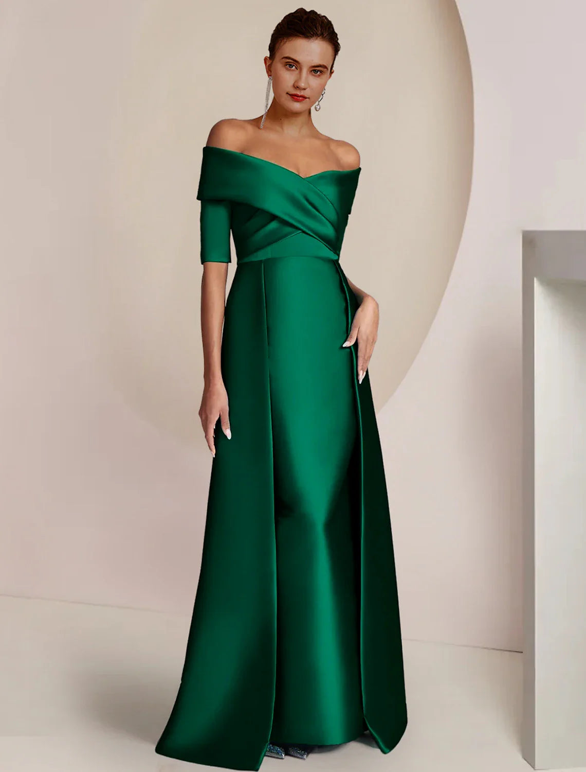 Aimishang Sheath / Column Mother of the Bride Dress Formal Wedding Guest Party Elegant Formal Party Satin Half Sleeve Off Shoulder Floor Length with Overskirts Ruching