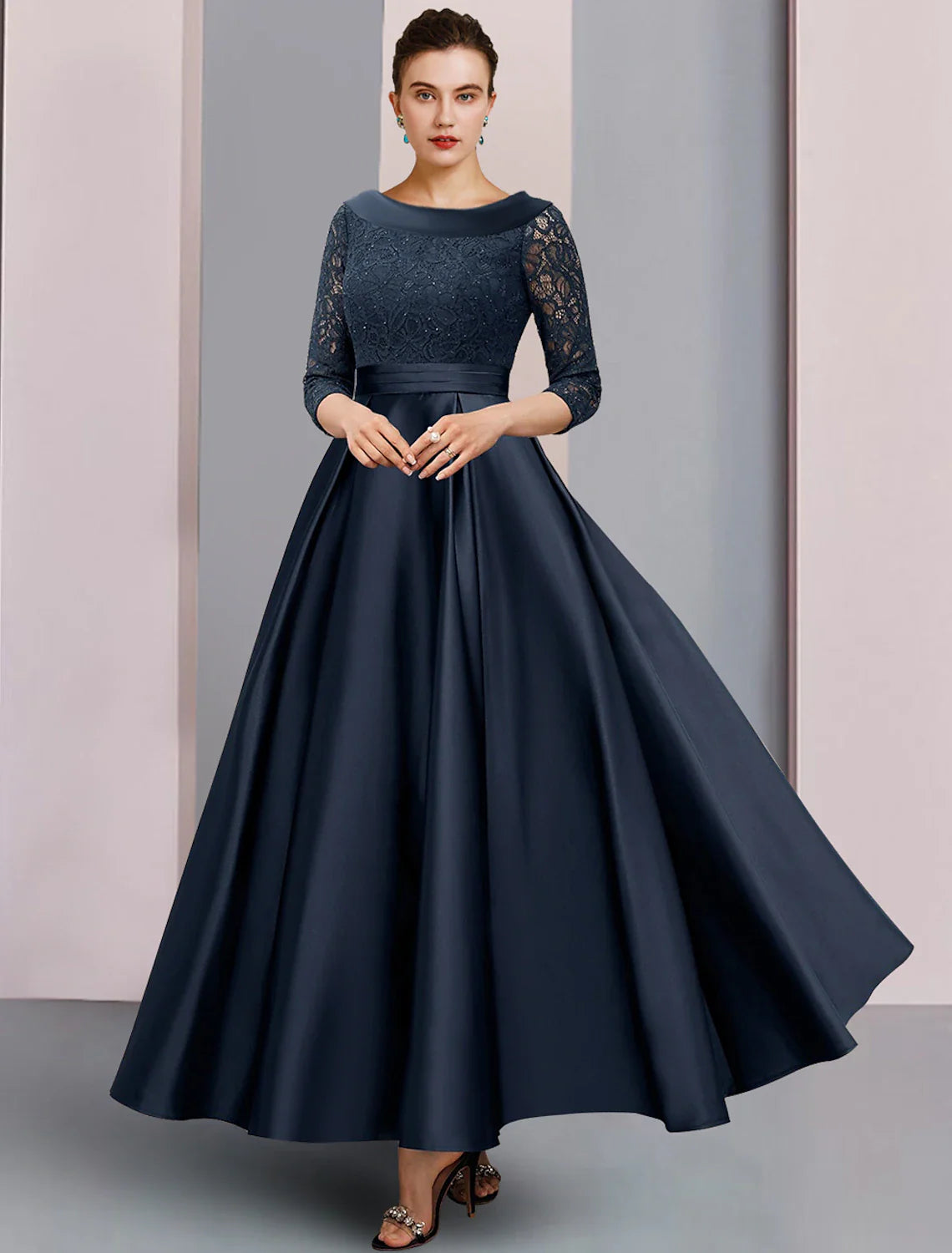 Aimishang A-Line Mother of the Bride Dress Formal Wedding Guest Elegant Vintage Bateau Neck Ankle Length Satin Lace 3/4 Length Sleeve with Pleats Ruched