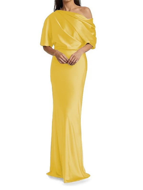Elegant and tight fitting column shaped woven satin pleats on one shoulder 1/2 sleeves and floor length bridal Mother of the Bride Dresses