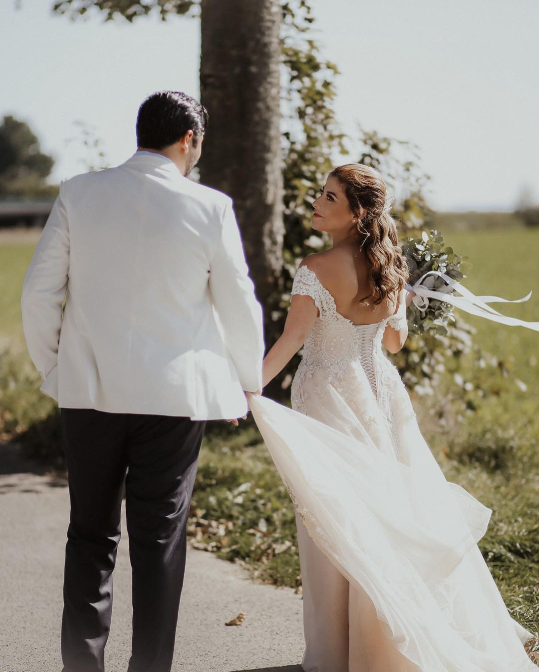 Long A-line Off-the-Shoulder Boho Wedding Dress with Lace Tulle