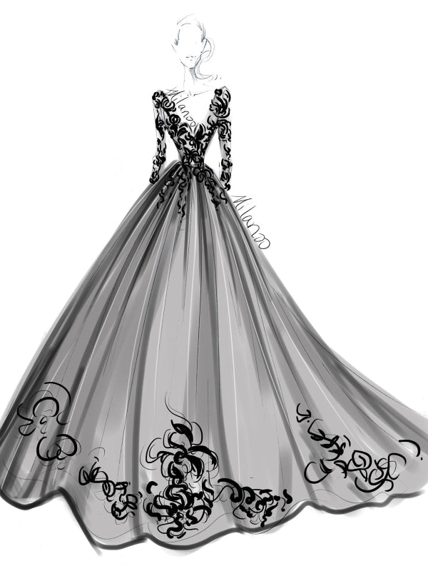 Long Sleeves Black Wedding Dresses Lace Princess Court Train Bridal Gown