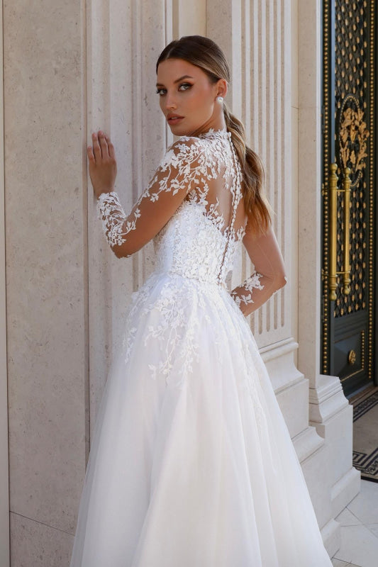 Long Sleeves Tulle Lace Aline Wedding Dress Appliques Long Bridal Gown